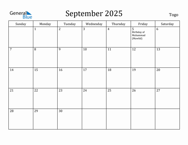 September 2025 Calendar Togo