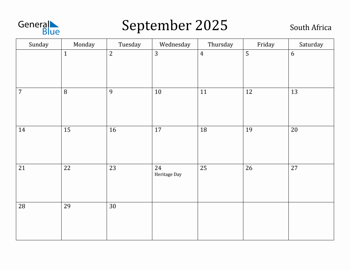 September 2025 Monthly Calendar with South Africa Holidays