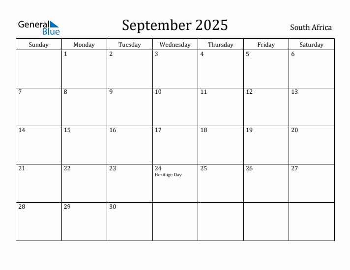 September 2025 Monthly Calendar with South Africa Holidays
