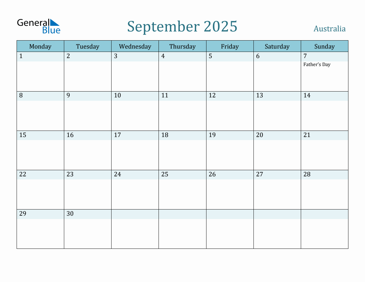 Australia Holiday Calendar for September 2025