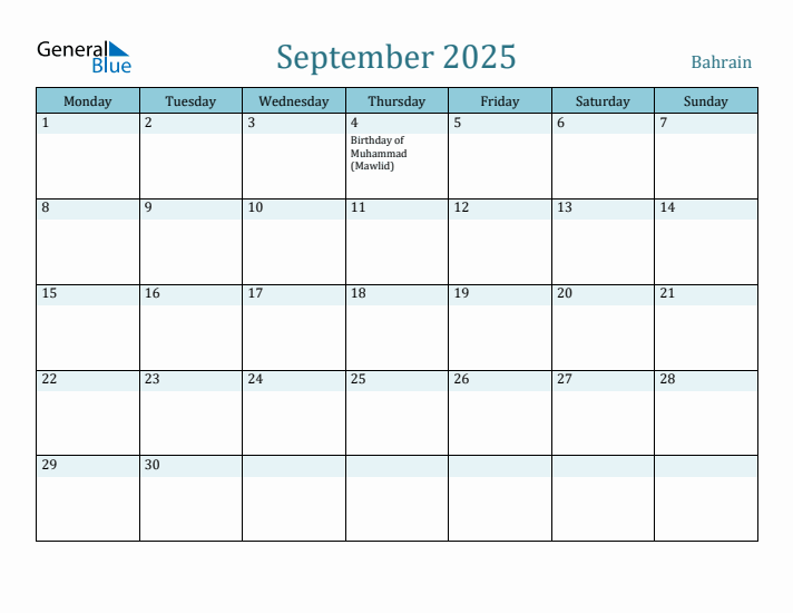 September 2025 Bahrain Monthly Calendar with Holidays