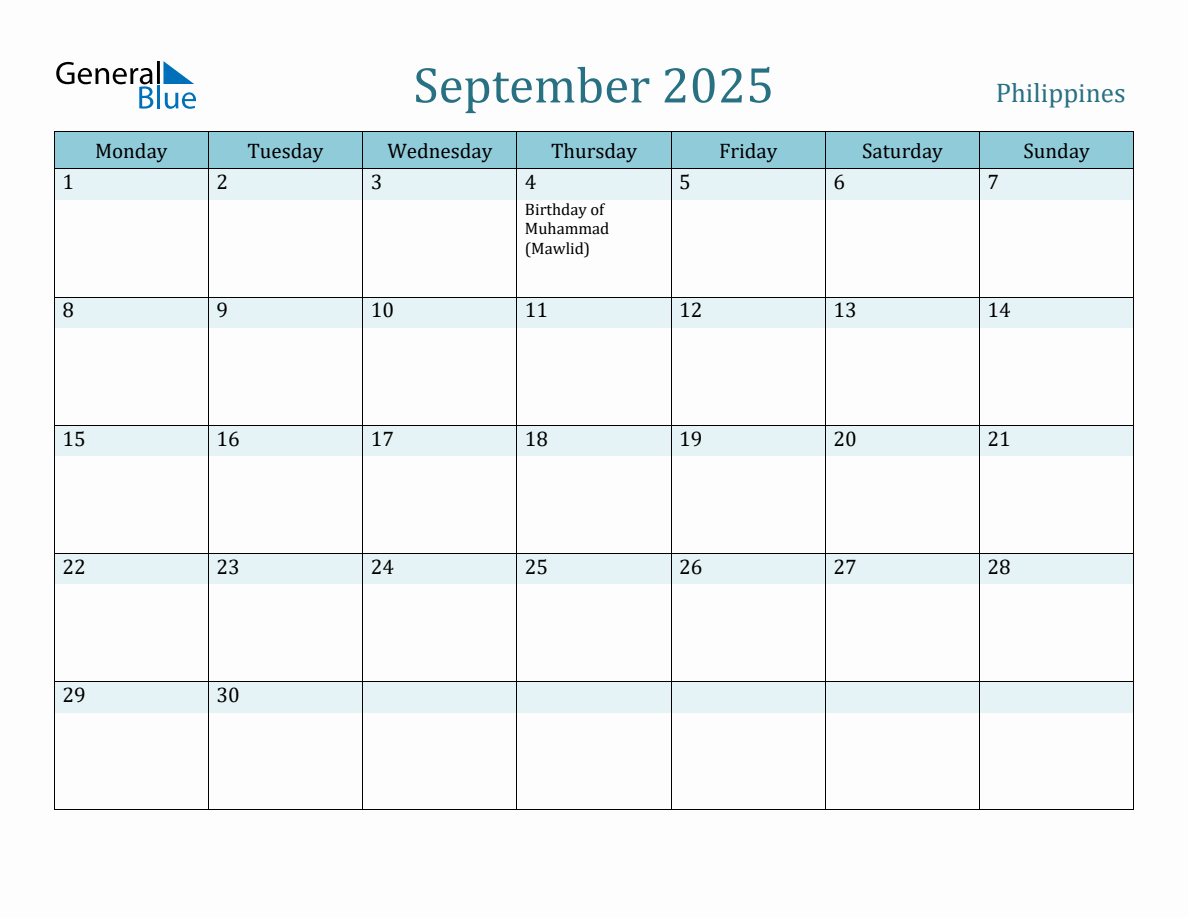 Philippines Holiday Calendar for September 2025