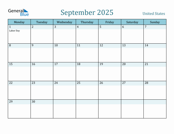 September 2025 United States Monthly Calendar with Holidays