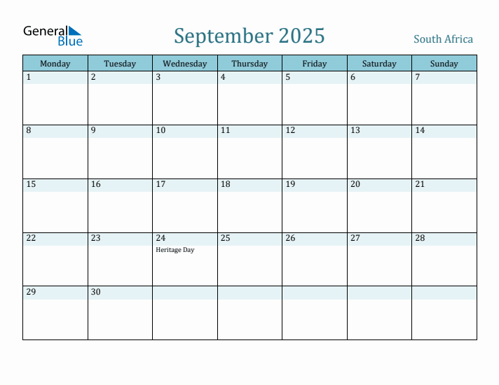 September 2025 - South Africa Monthly Calendar with Holidays