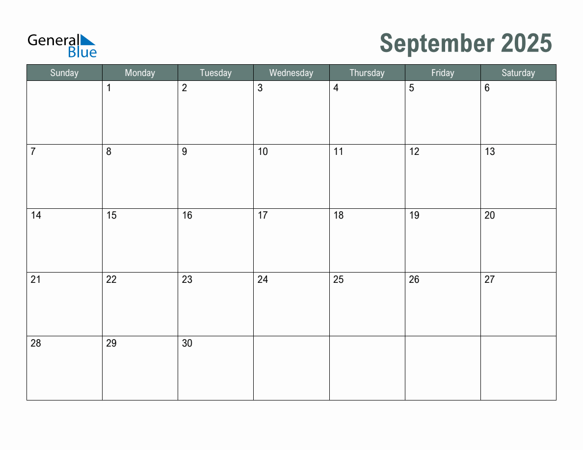 Blank September 2025 Monthly Calendar Template