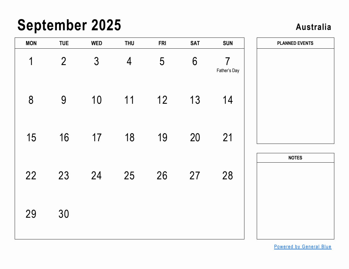 September 2025 Planner with Australia Holidays