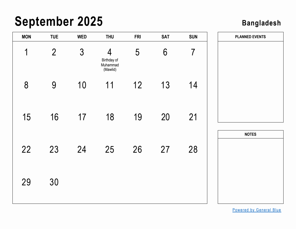 September 2025 Planner with Bangladesh Holidays