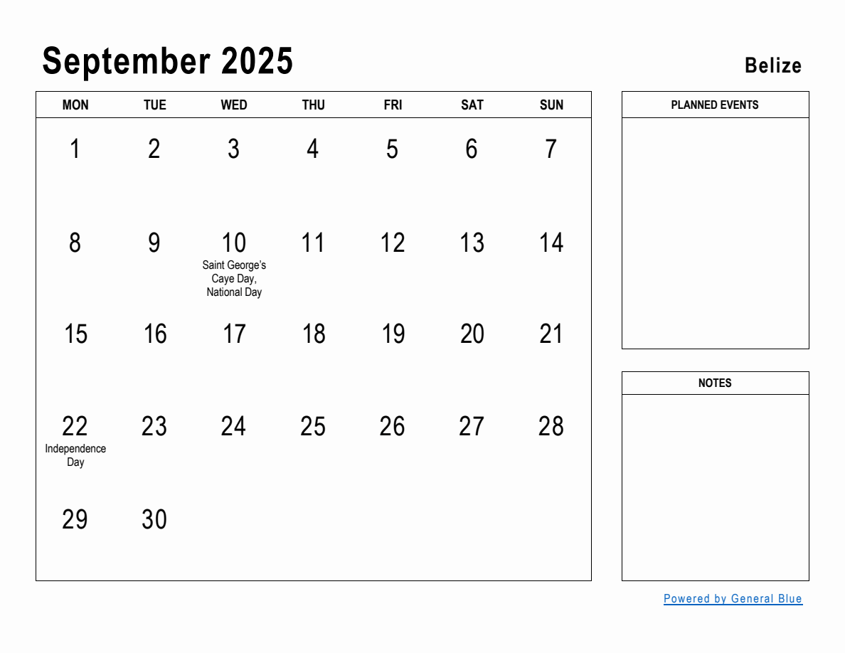 September 2025 Planner with Belize Holidays