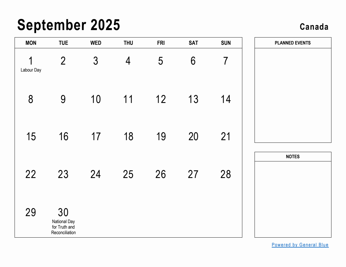 September 2025 Planner with Canada Holidays