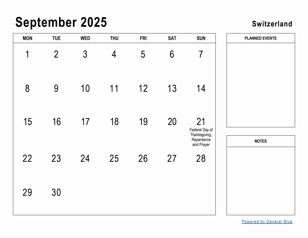 September 2025 Planner with Switzerland Holidays