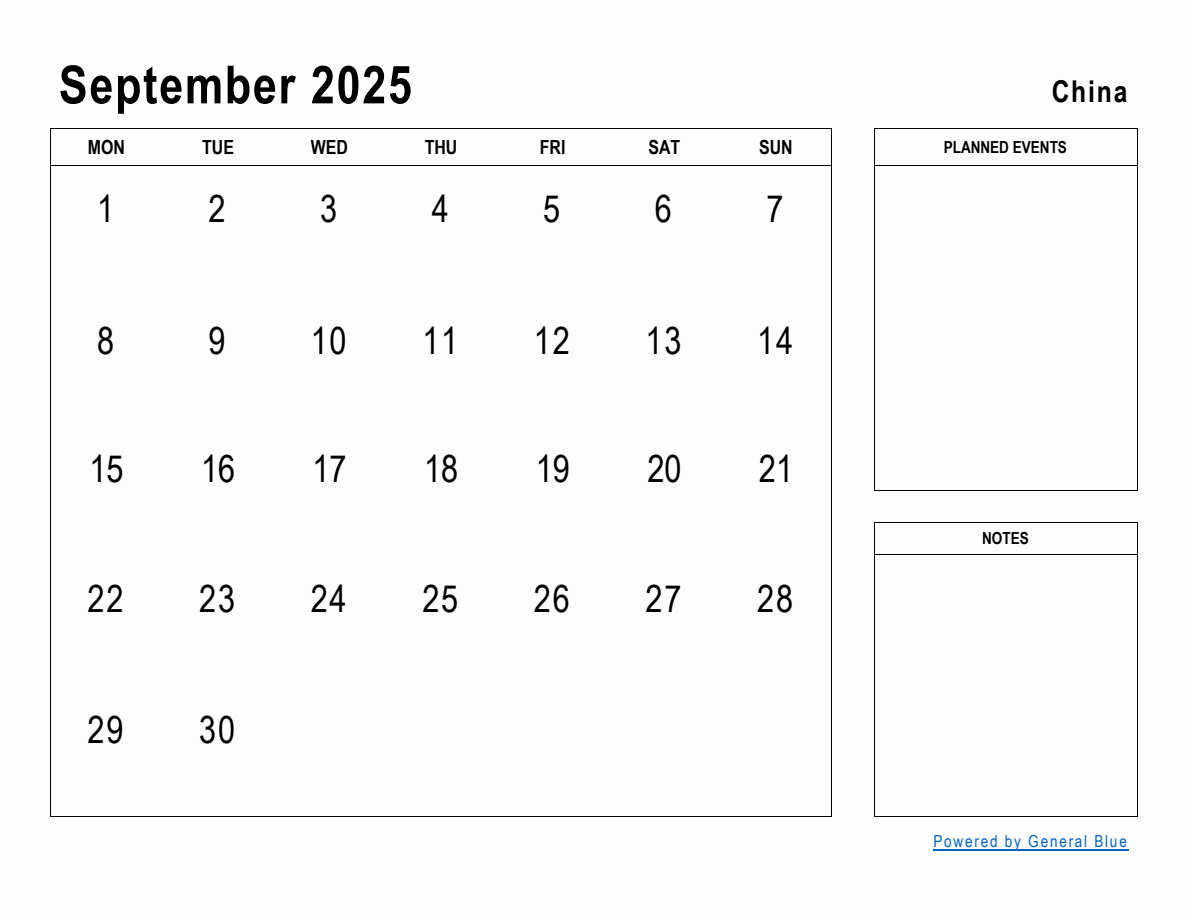 September 2025 Planner with China Holidays