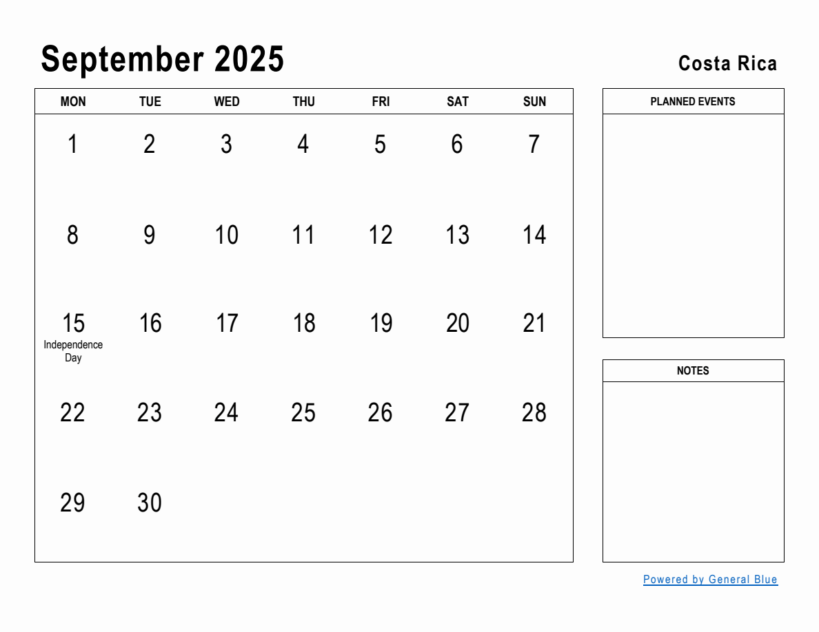 September 2025 Planner with Costa Rica Holidays