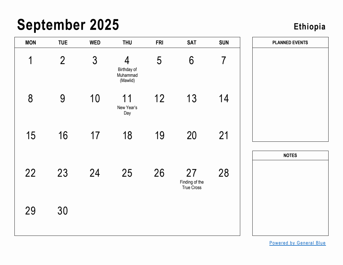 September 2025 Planner with Ethiopia Holidays