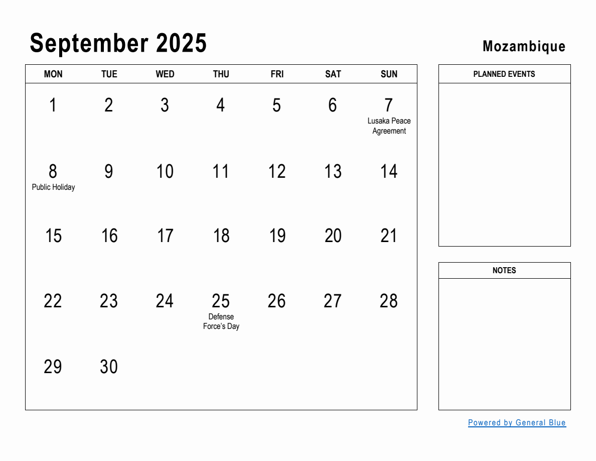 September 2025 Planner with Mozambique Holidays