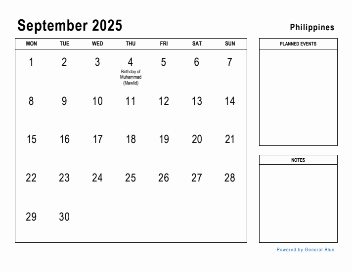 September 2025 Planner with Philippines Holidays
