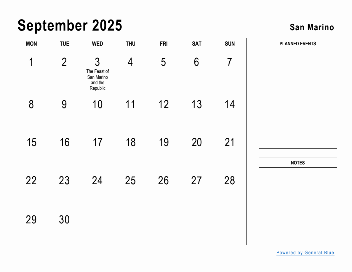 September 2025 Planner with San Marino Holidays