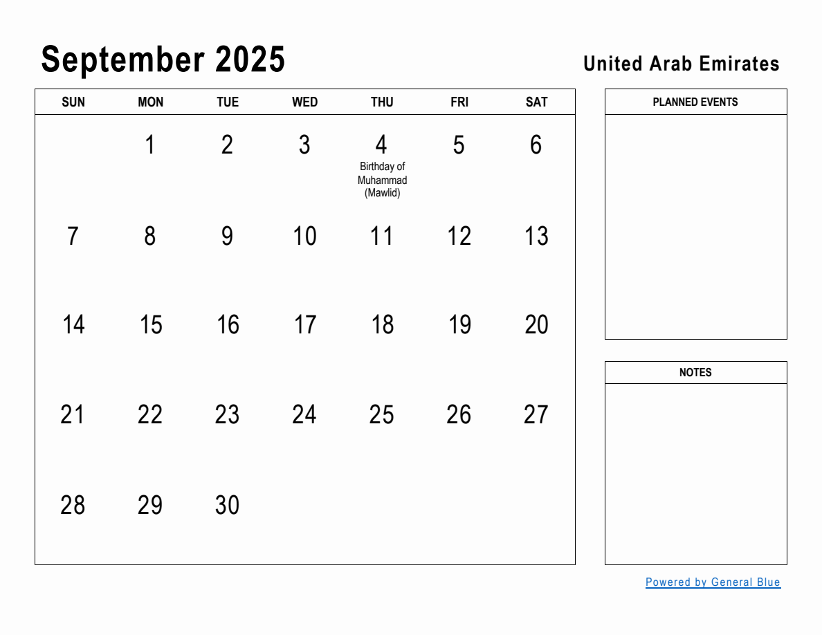 September 2025 Planner with United Arab Emirates Holidays