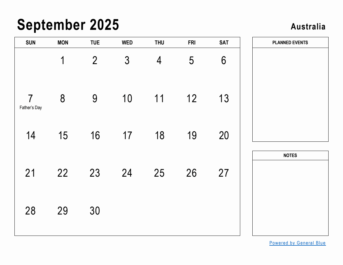 September 2025 Planner with Australia Holidays