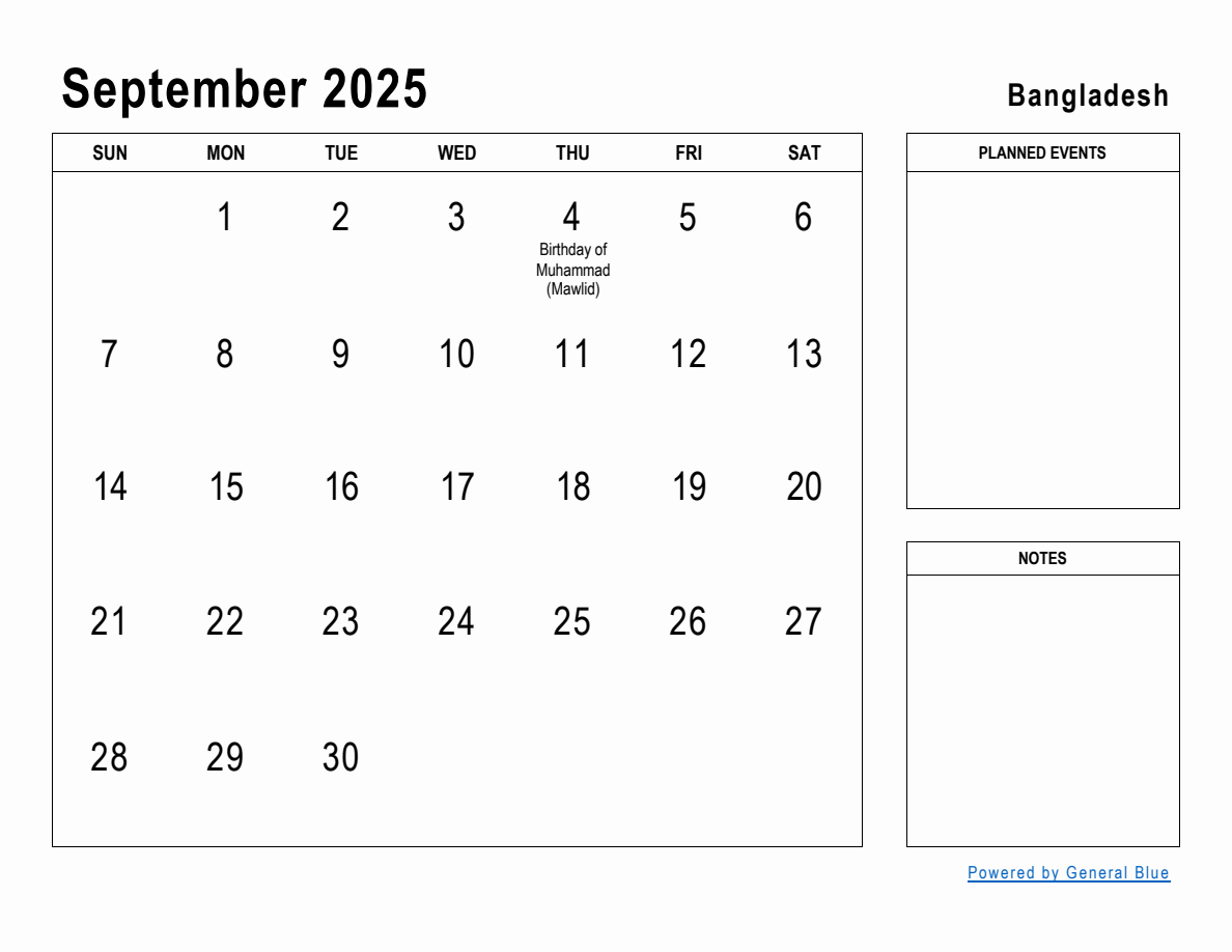 September 2025 Planner with Bangladesh Holidays