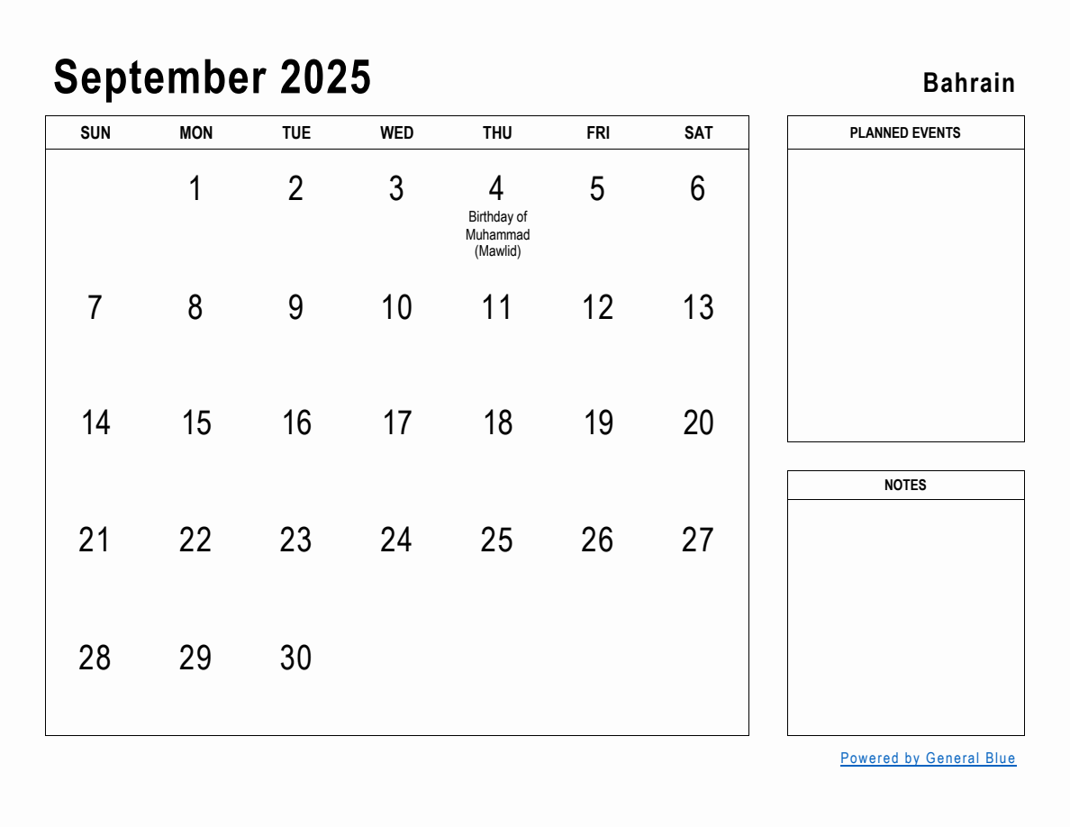 September 2025 Planner with Bahrain Holidays
