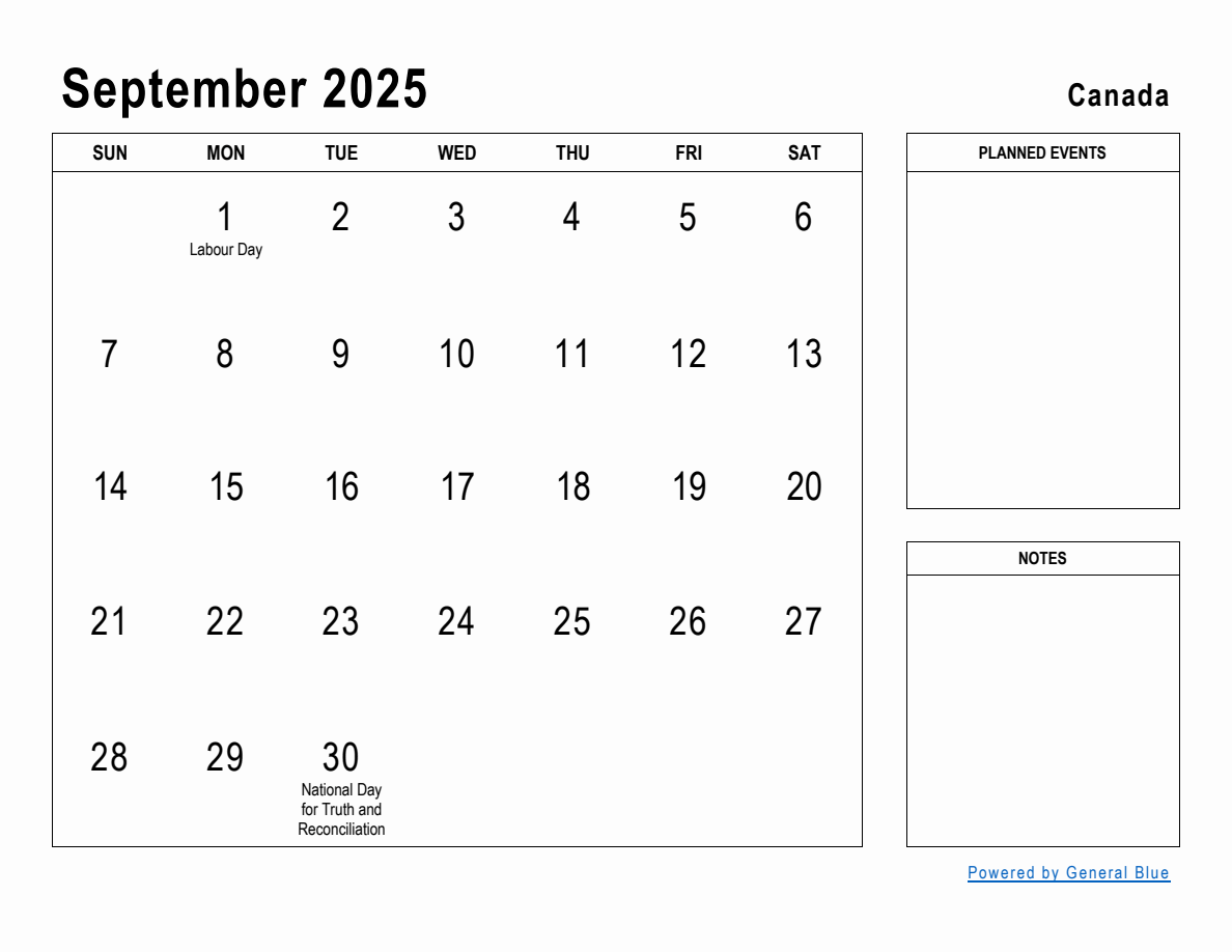 September 2025 Planner with Canada Holidays