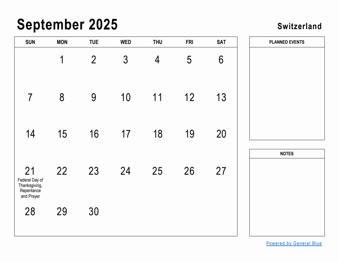 September 2025 Planner with Switzerland Holidays