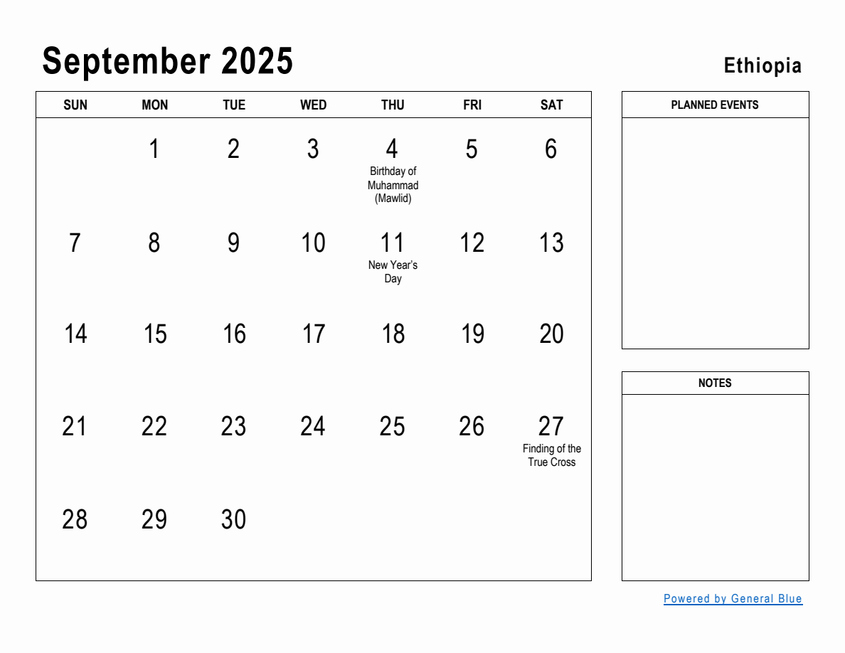 September 2025 Planner with Ethiopia Holidays