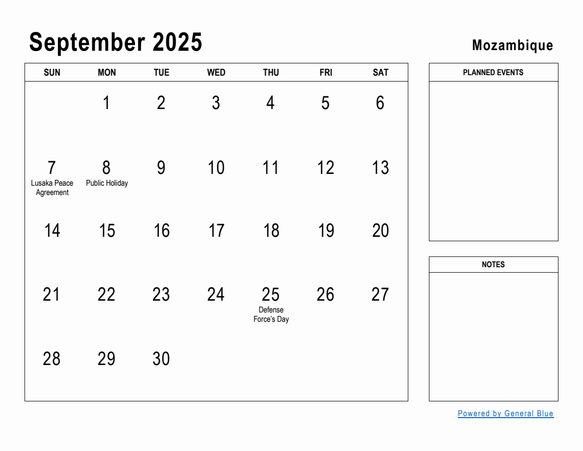 September 2025 Planner with Mozambique Holidays