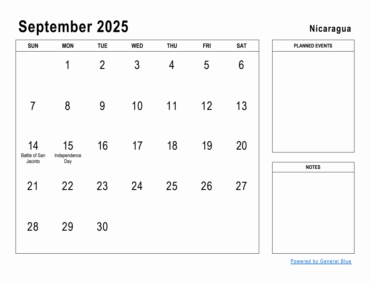 September 2025 Planner with Nicaragua Holidays