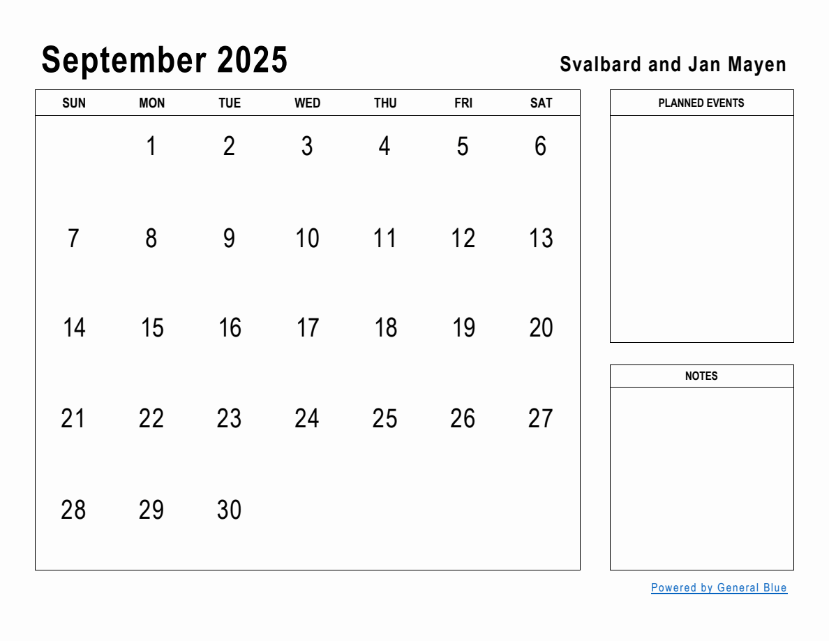 September 2025 Planner with Svalbard and Jan Mayen Holidays