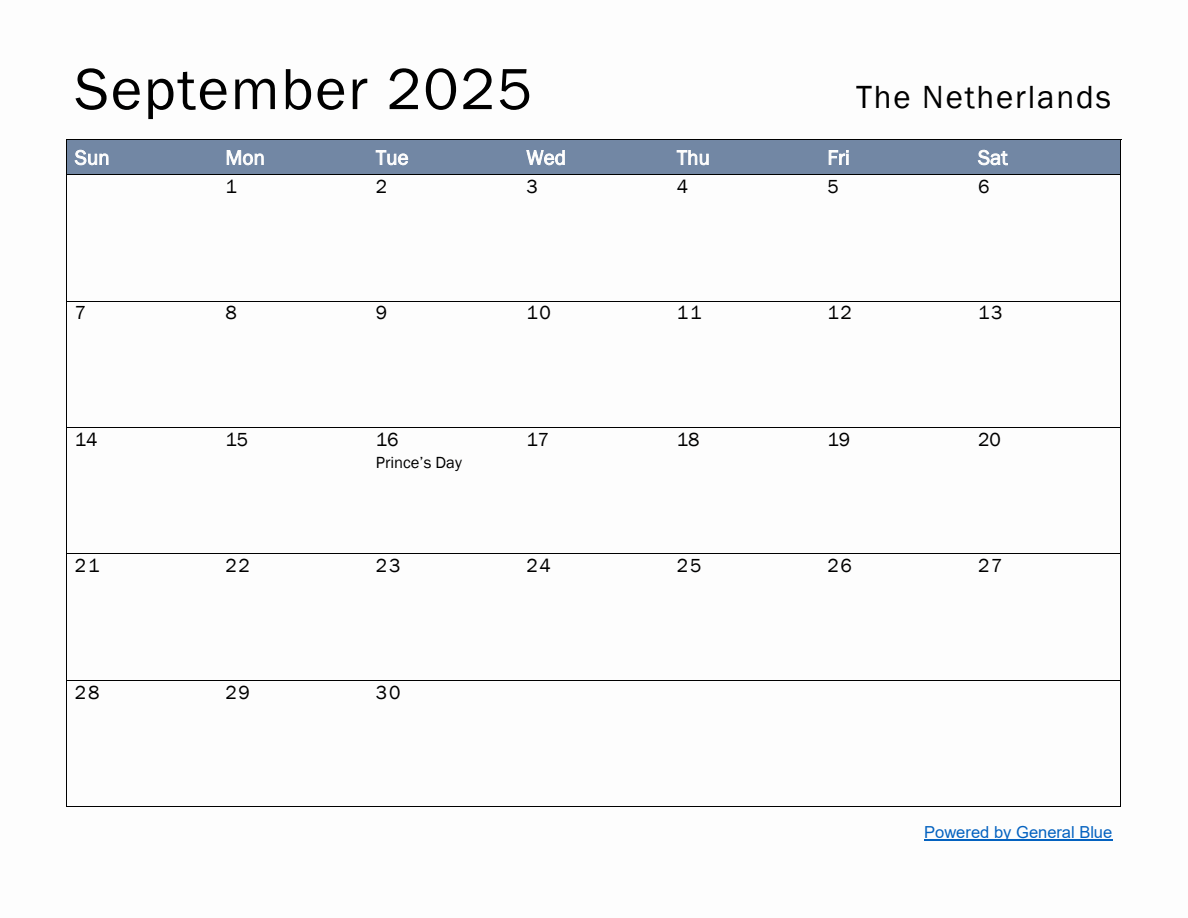 Free Monthly Calendar Template for September 2025 with Netherlands Holidays