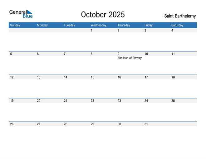 October 2025 Calendar with Saint Barthelemy Holidays