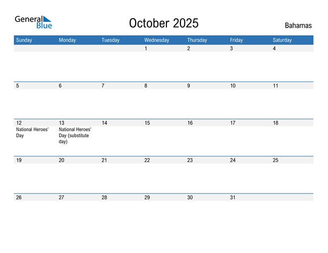 October 2025 Calendar with Bahamas Holidays