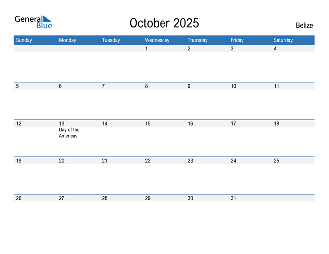 October 2025 Calendar with Belize Holidays