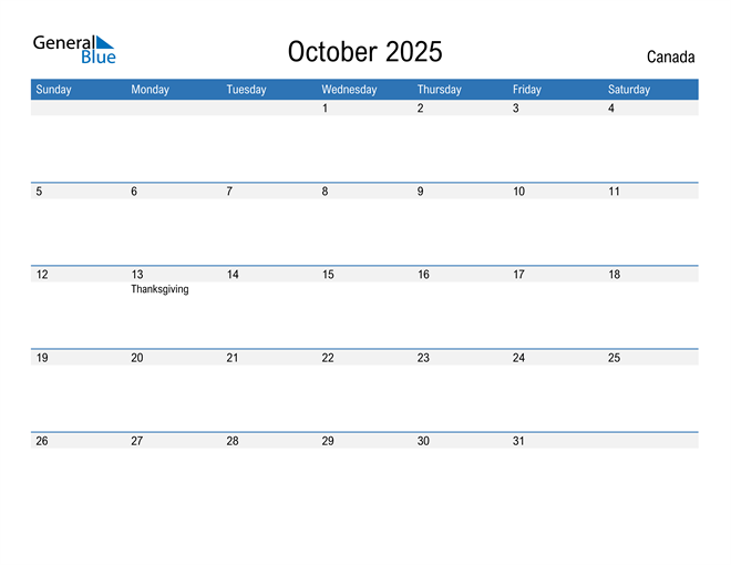 October 2025 Calendar with Canada Holidays