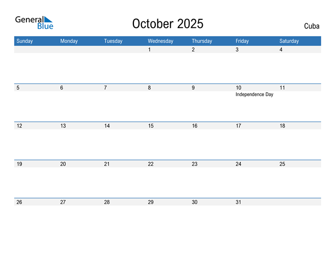 October 2025 Calendar with Cuba Holidays