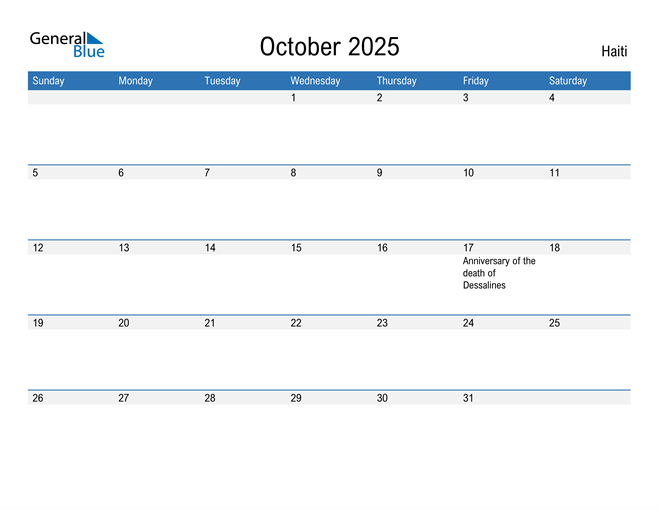 October 2025 Calendar with Haiti Holidays