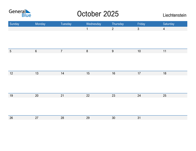 October 2025 Calendar with Liechtenstein Holidays