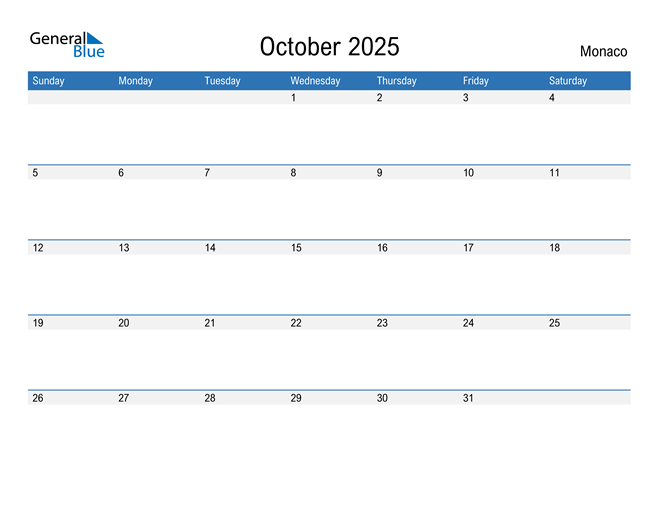 Monaco October 2025 Calendar with Holidays