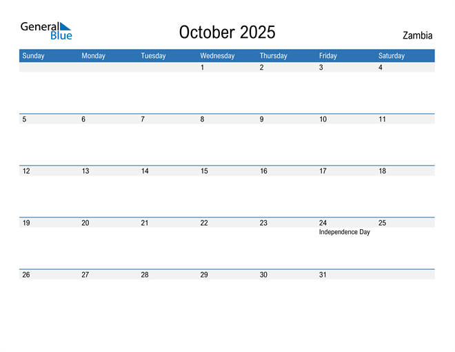 October 2025 Calendar with Zambia Holidays