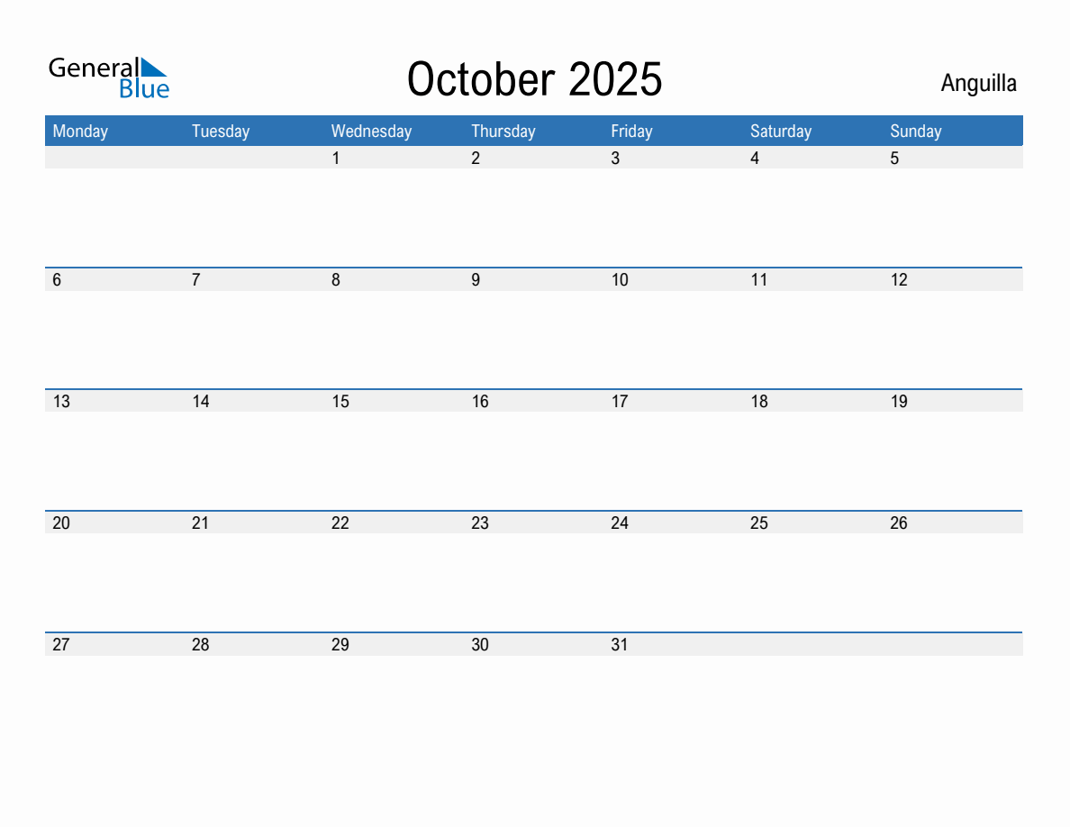 Editable October 2025 Calendar with Anguilla Holidays