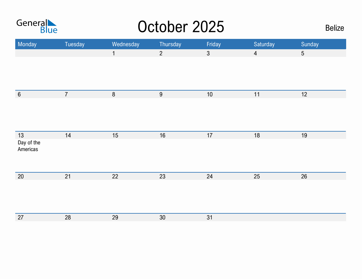 Editable October 2025 Calendar with Belize Holidays