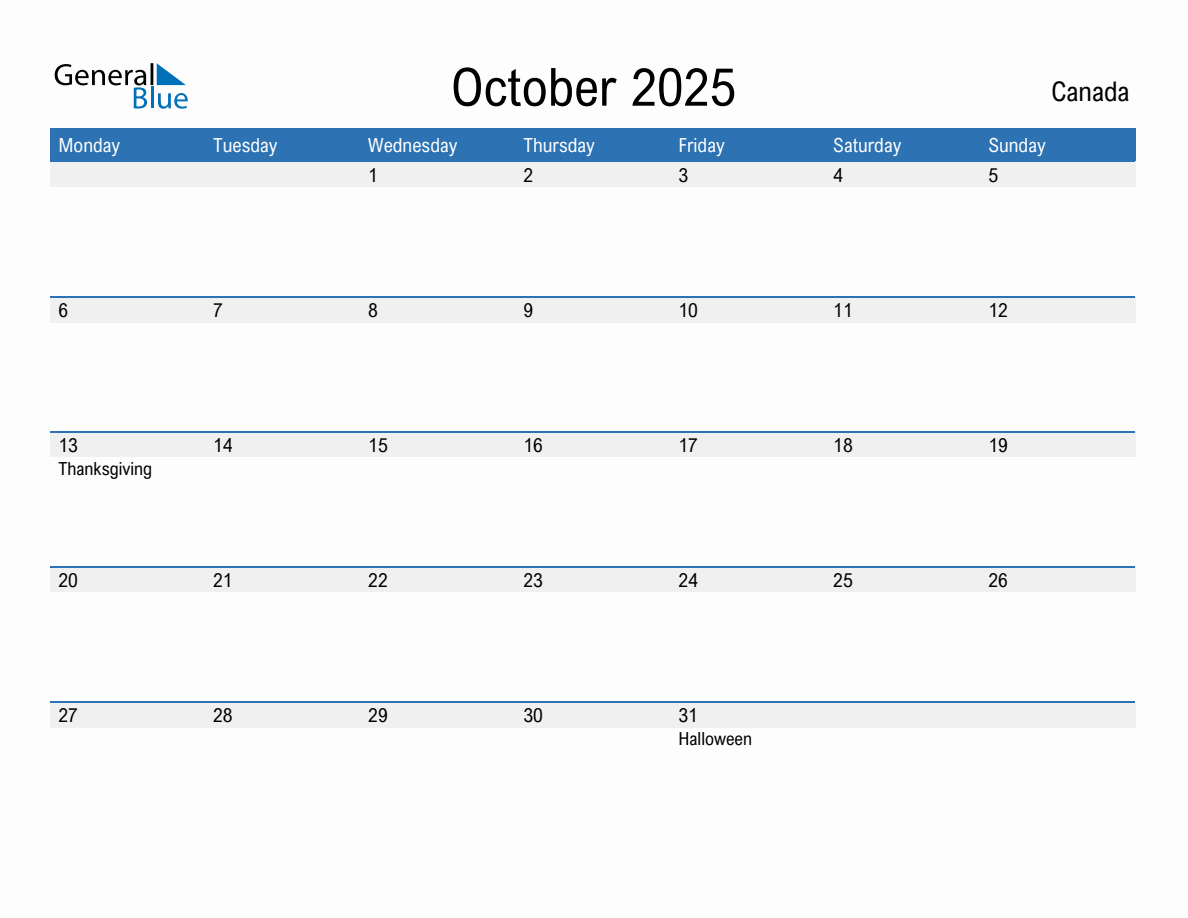 Editable October 2025 Calendar with Canada Holidays