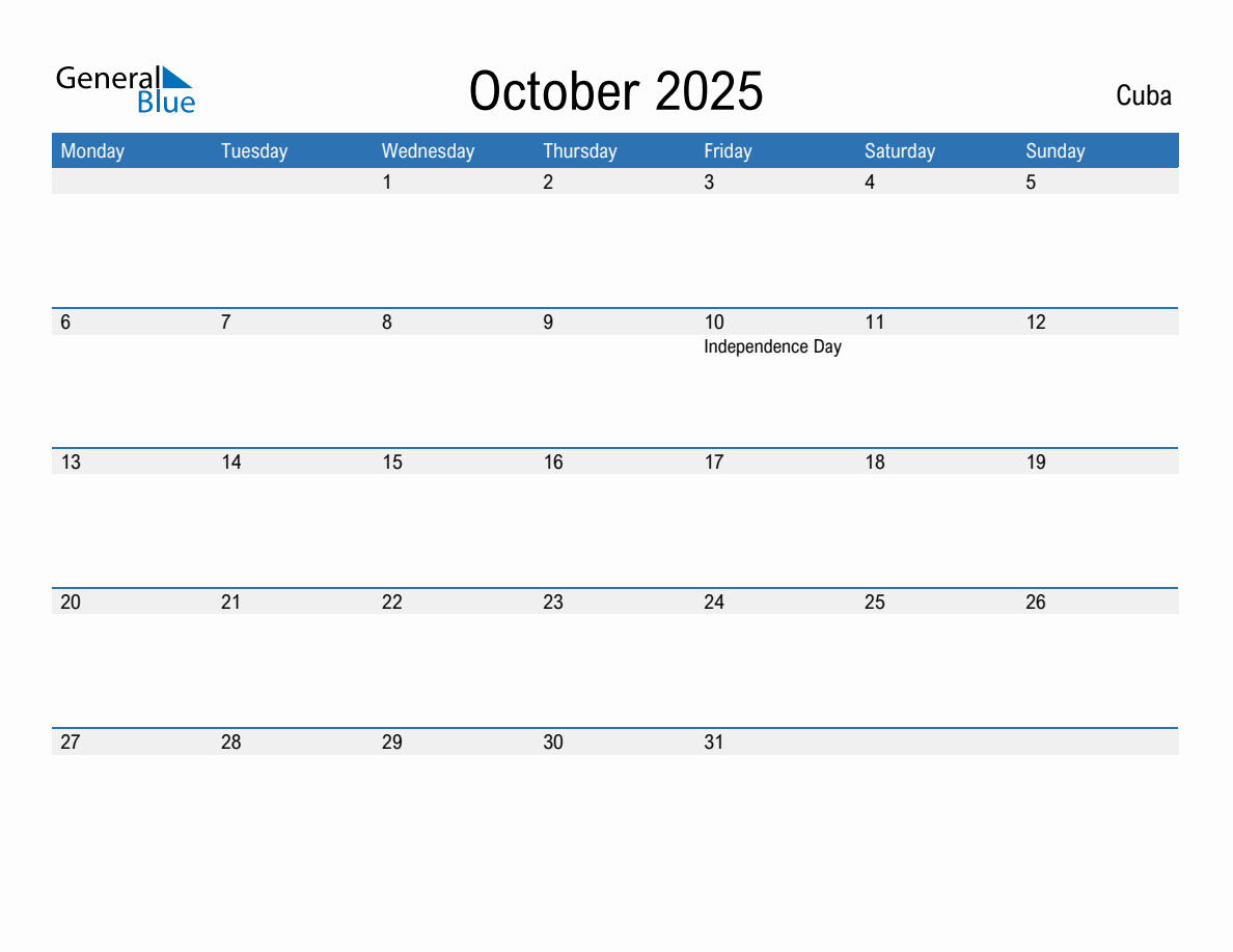 Editable October 2025 Calendar with Cuba Holidays