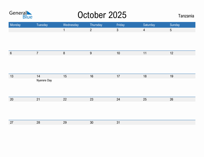 October 2025 Tanzania Monthly Calendar with Holidays