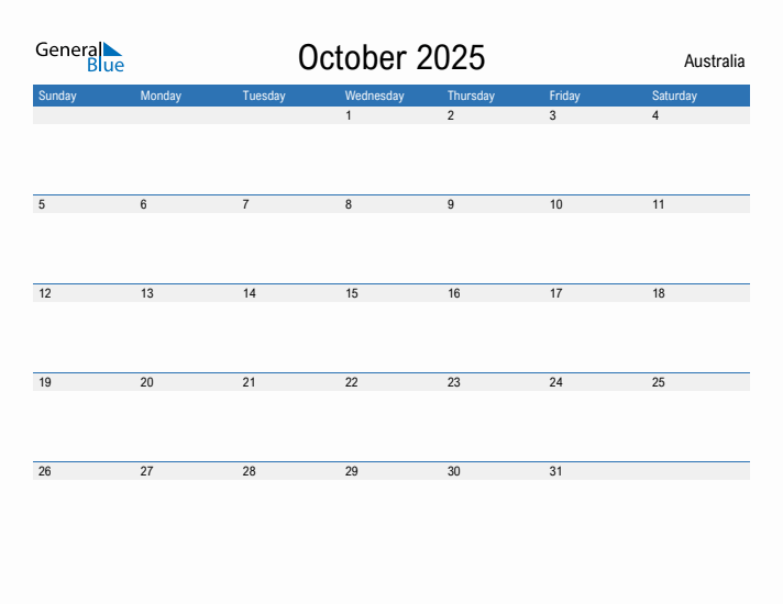 Editable October 2025 Calendar with Australia Holidays