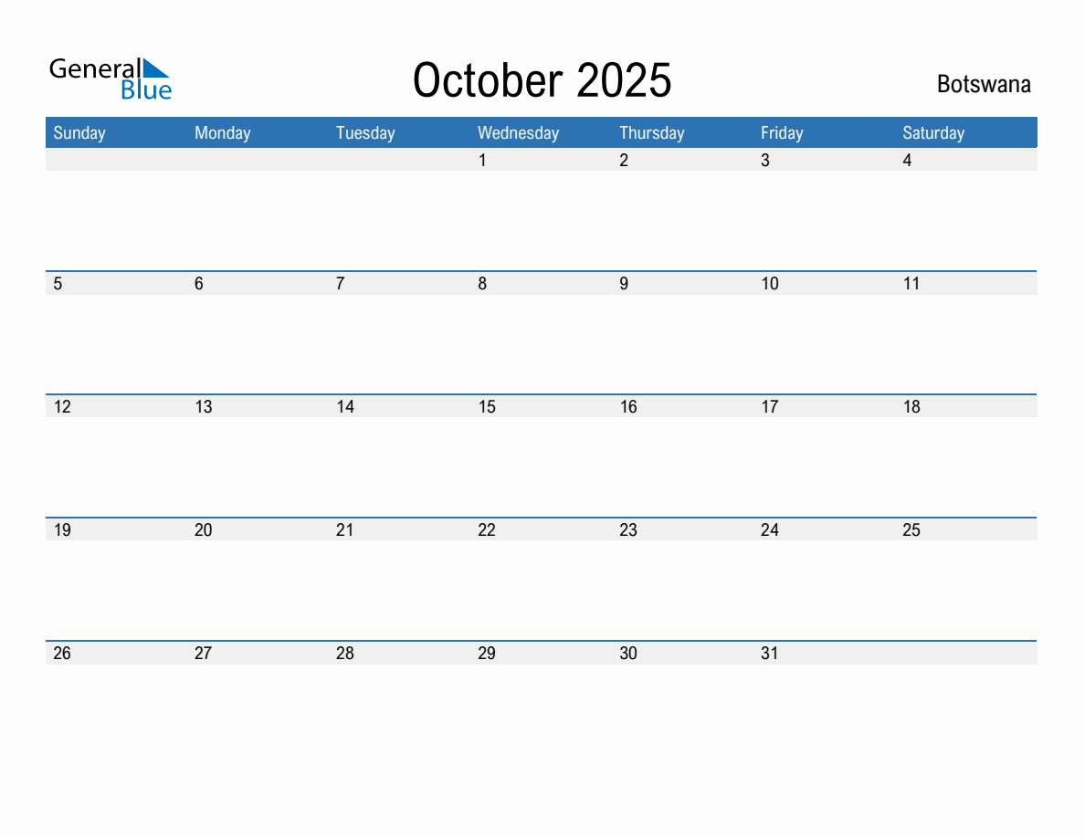 October 2025 Monthly Calendar with Botswana Holidays