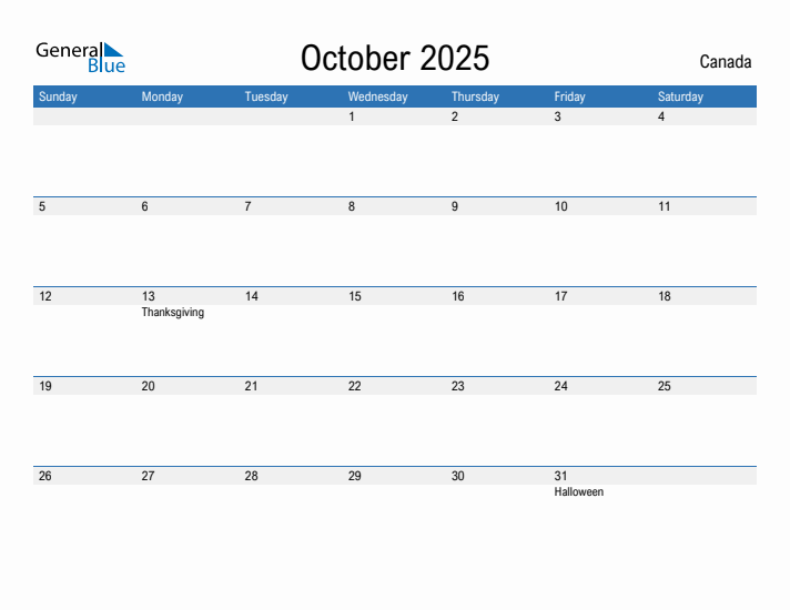 October 2025 Monthly Calendar with Canada Holidays