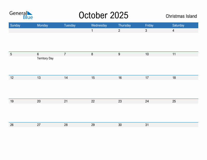 Editable October 2025 Calendar with Christmas Island Holidays