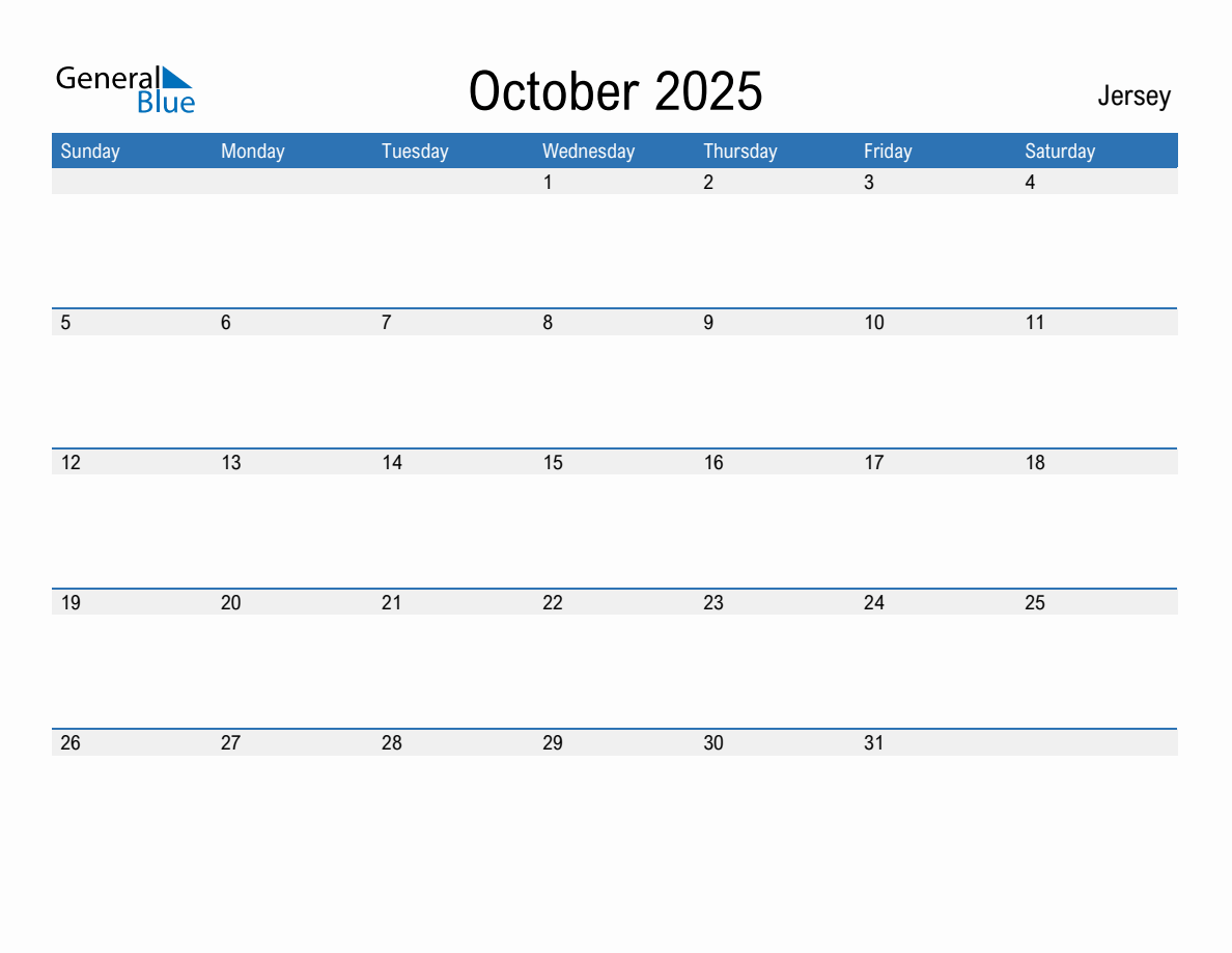 Editable October 2025 Calendar with Jersey Holidays